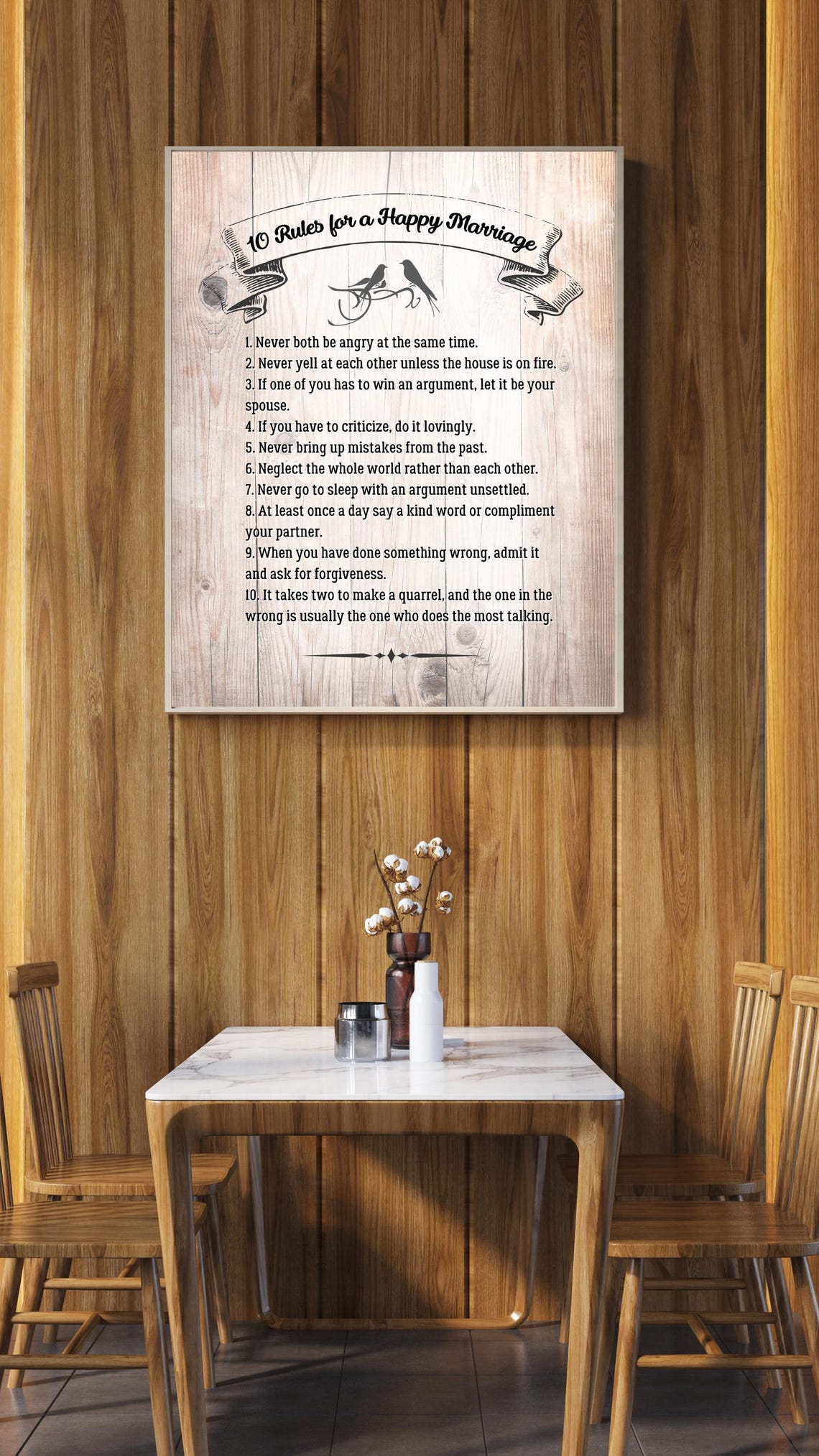 Ten Rules for a Happy Marriage Lovebirds Wood Background Wall Art - Image 3