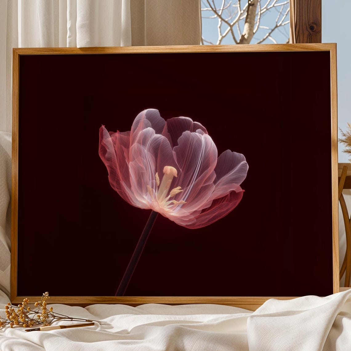 Red Tulip Flower Wall Art Xray Botanical Print Moody Floral Deep Burgundy Background Pink