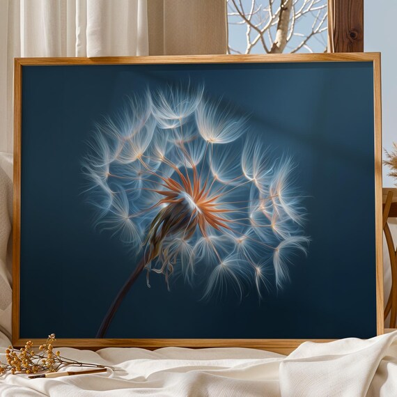 Dandelion Seed Head Glowing Macro Botanical Blue Night Art Poster