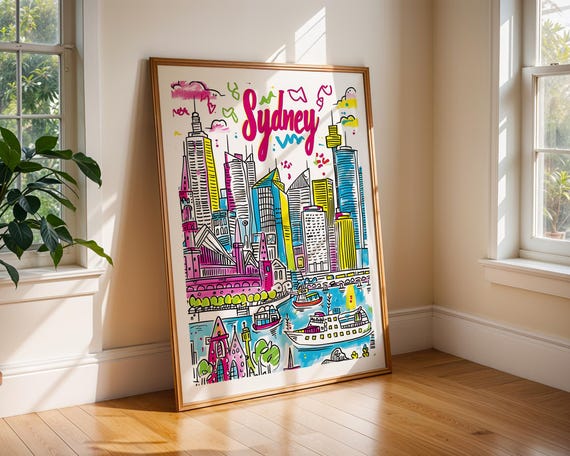 Sydney Australia Poster Opera House Wall Art Colourful Cityscape Travel Print Harbour Bridge Illustration