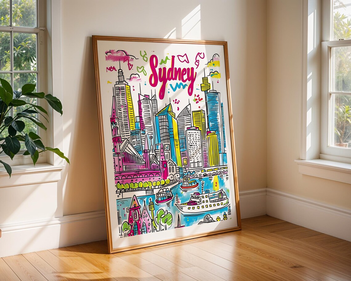 Sydney Australia Handdrawn Colourful Harbour City Travel Poster