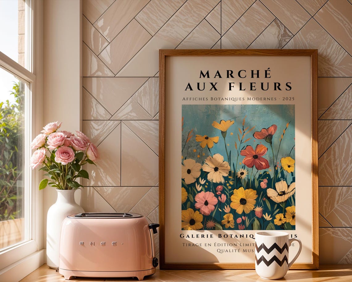 Marché Aux Fleurs Teal Wildflower Meadow Modern Botanical Art Poster