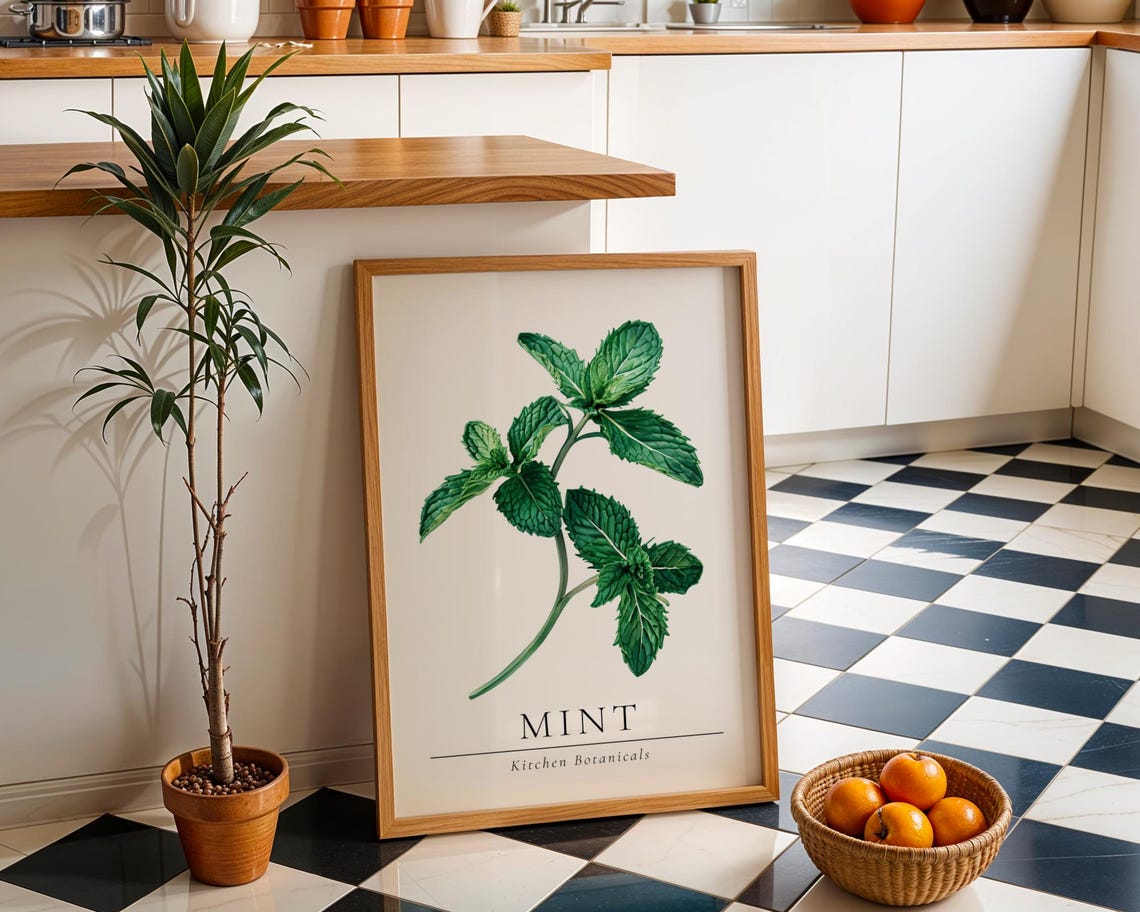 Mint Kitchen Botanicals Green Herb Vintage Illustration Art Poster