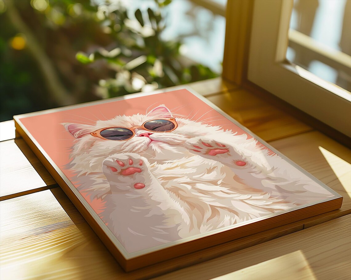 Cool White Cat in Orange Sunglasses Funny Fluffy Animal Wall Art