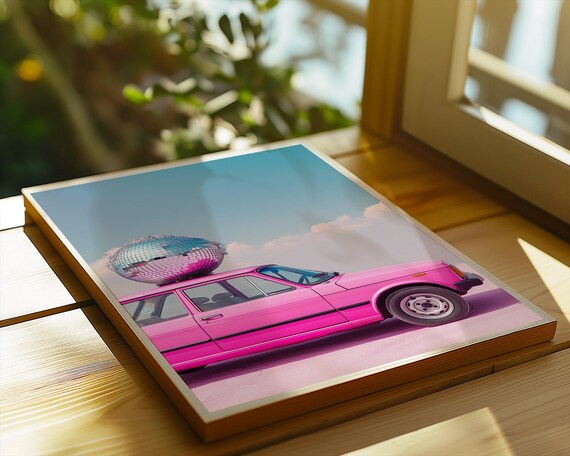 Pink Disco Car Wall Art Funky Summer Road Trip Print Retro Poster Party Artwork Bold Pop Decor For Fun Homes