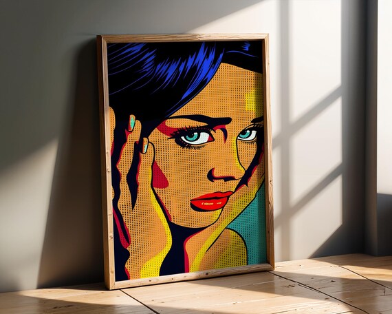 Striking Pop Art Portrait Of Woman With Blue Hair Highlights Bold Retro Comic Style Wall Print Vibrant Modern Statement Home Office