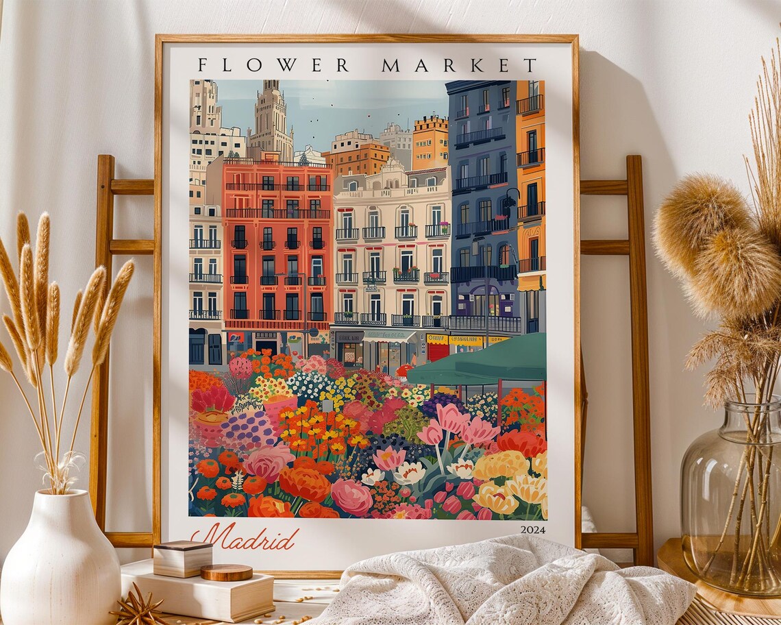 Madrid Flower Market Balcony Apartments Plaza 2024 Travel Poster