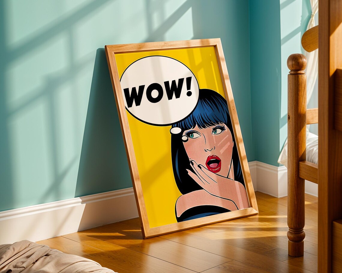 Wow Pop Art Girl Comic Style Wall Print Bold Retro Yellow Blue Artwork Vibrant Statement Piece For Modern Culture Lovers