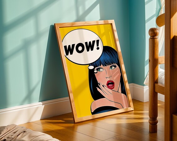 Wow Pop Art Girl Comic Style Wall Print Bold Retro Yellow Blue Artwork Vibrant Statement Piece For Modern Culture Lovers