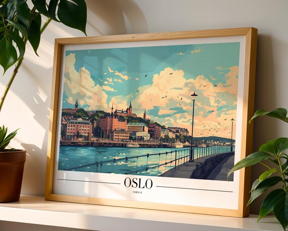 Oslo Norway Travel Poster With Waterfront Cityscape Harbor Boats Sunset Art