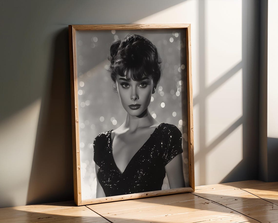 Audrey Hepburn Inspired Black White Glamour Portrait Vintage Hollywood Elegance Wall Art Print Girls Room Movie Star Artwork Film