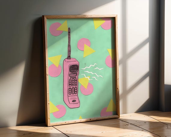 Retro 80s Mobile Phone Pop Art Print Vintage Memphis Style Wall Decor Colourful Pink Cell Illustration For Home Office