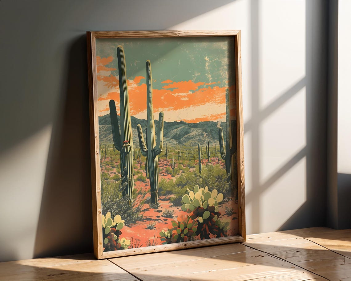 Retro Desert Saguaro Cactus Landscape Art Southwestern Decor Poster