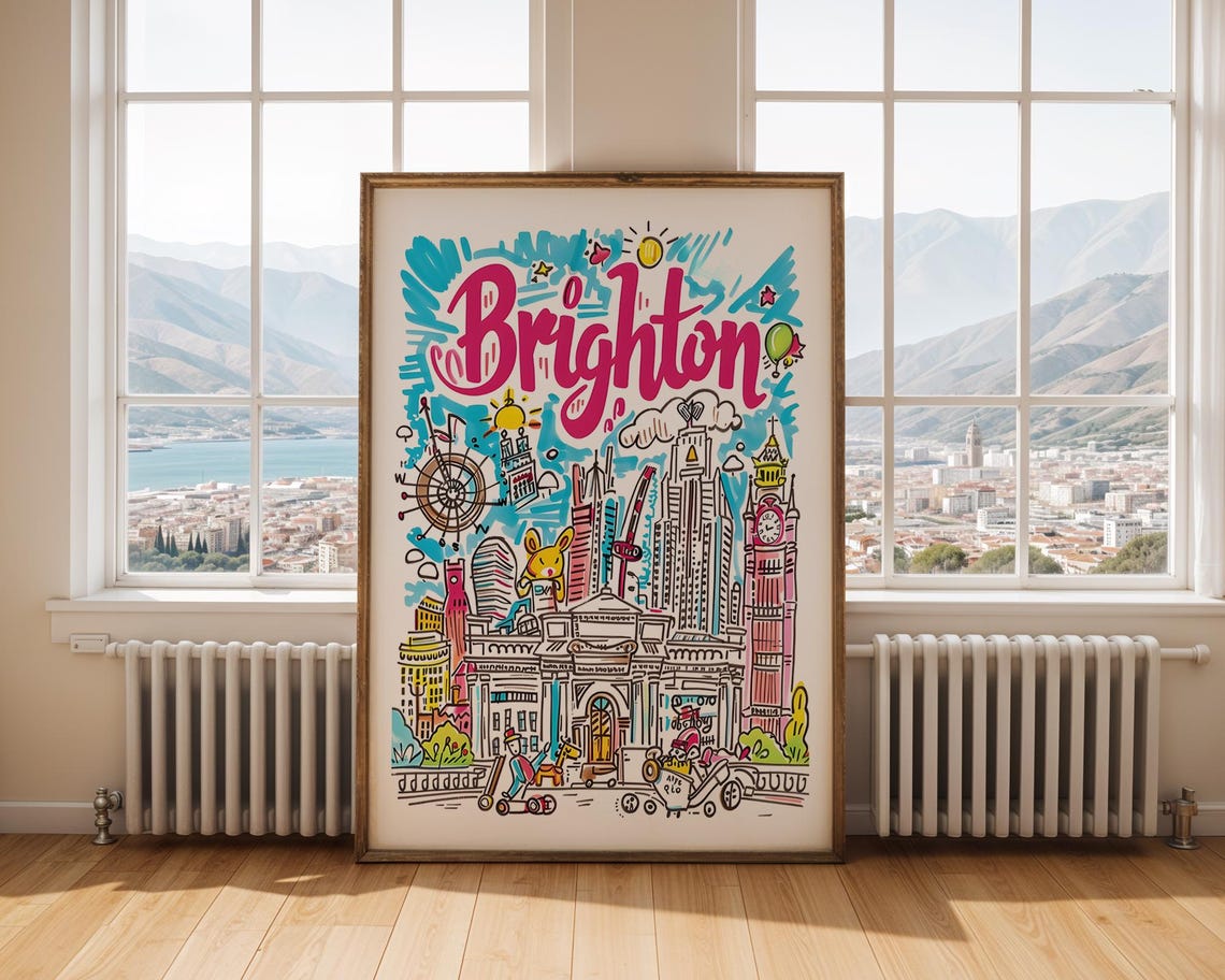 Brighton England Colorful Hand Drawn Seaside Pier Cityscape Poster