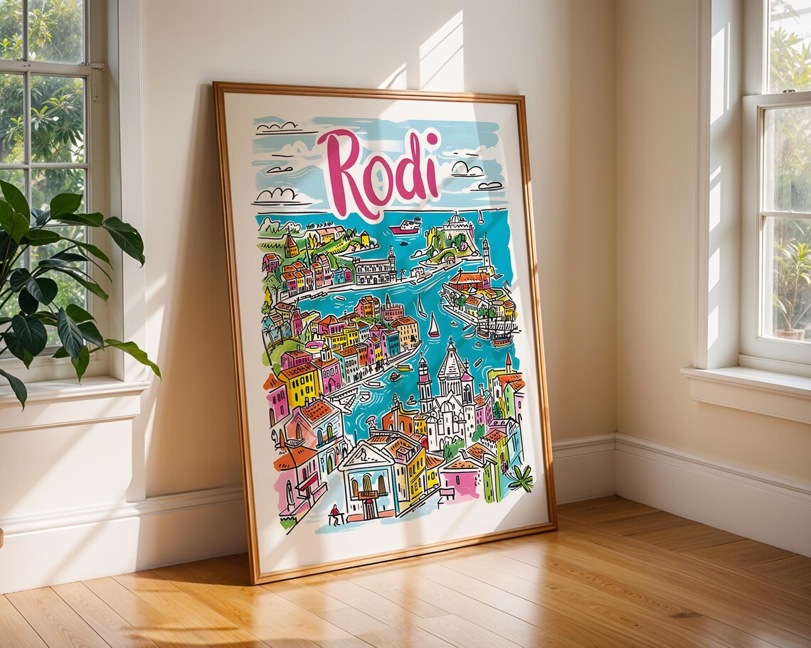 Rhodes Greece Colorful Harbor Old Town Aegean Sea Travel Poster