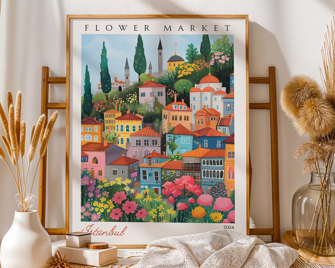 Istanbul Flower Market Old Town Hillside Houses 2024 Travel Poster
