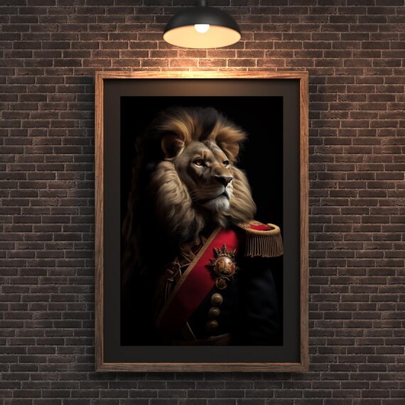 Majestic Lion In Regal Uniform Royal Animal Portrait Print Navy Red Military Art Noble Safari Decor