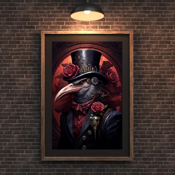 Steampunk Vulture With Roses, Gothic Fantasy Art Print