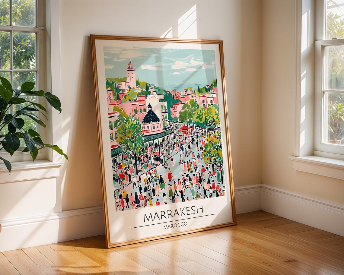 Marrakesh Morocco Watercolor Bustling Market Square Minaret Poster