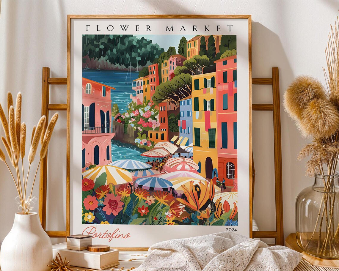 Portofino Flower Market Wall Art Print Colourful Italian Coastal Town Poster Mediterranean Travel Artwork For Kitchen Living Room Office