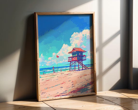 Coastal Beach Lifeguard Tower Art Print Vibrant Summer Ocean Scene Tropical Seaside Landscape Wall Decor Surf Sea Illustration
