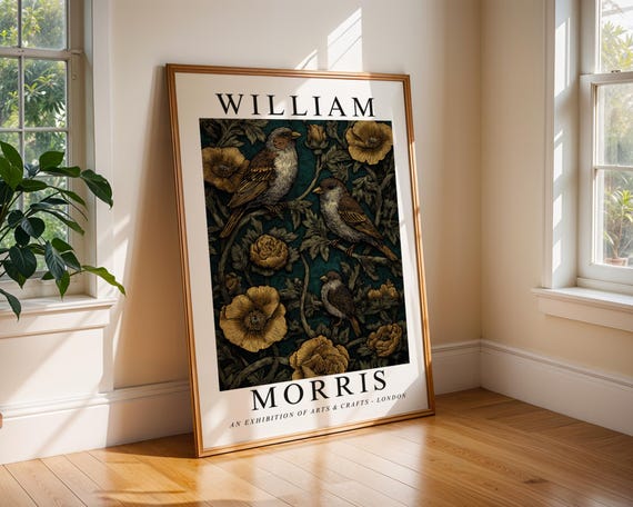 William Morris Inspired Bird Print Teal Gold Floral Art Poster Vintage Botanical Wall Decor Illustration Gift For Lovers