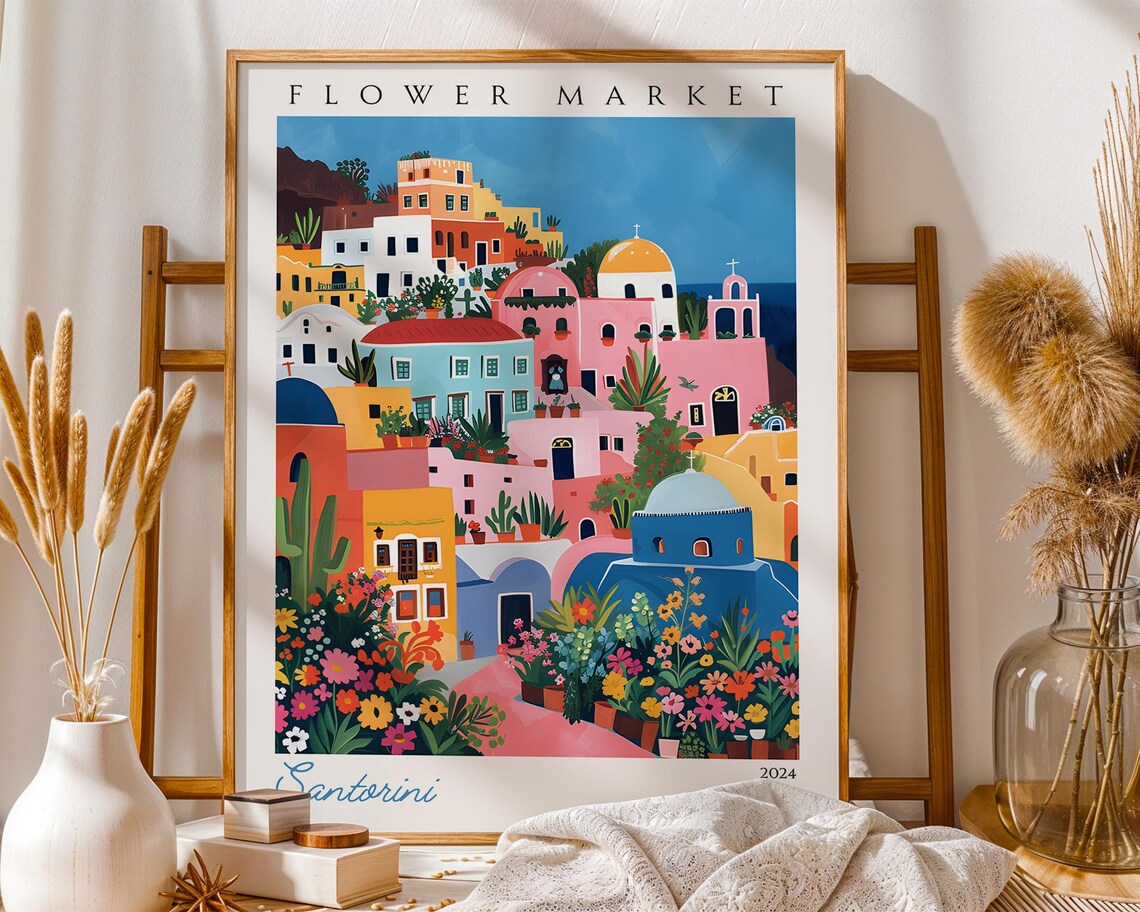 Santorini Flower Market Greek Island Colourful Cityscape Poster
