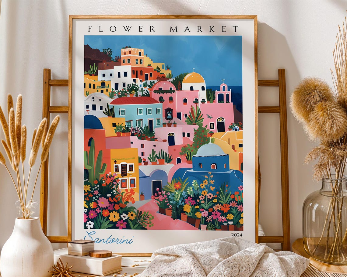 Santorini Flower Market Wall Art Colourful Greek Island Cityscape Vibrant Travel Poster Print For Coastal Kitchen Living Room Bedroom