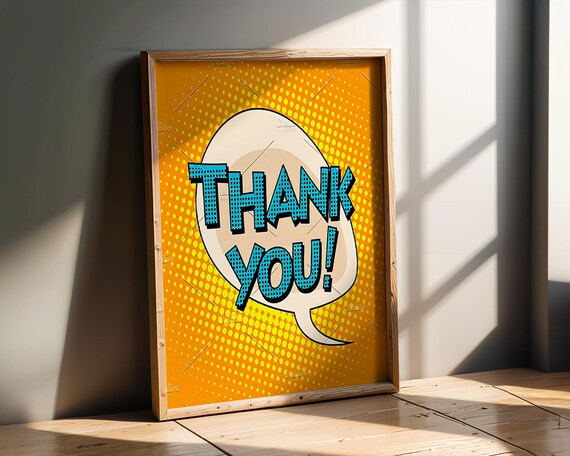 Retro Pop Art Thank You Poster Bold Comic Book Style Wall Bright Orange Blue Speech Bubble Print Fun Gratitude Home Decor