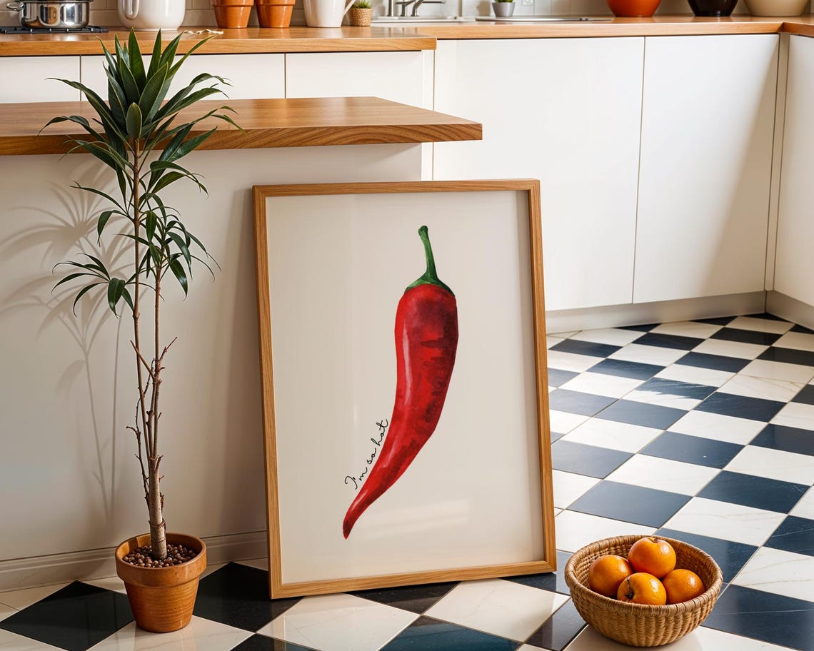 I'm So Hot Red Chili Pepper Watercolor Kitchen Poster Fun Spicy