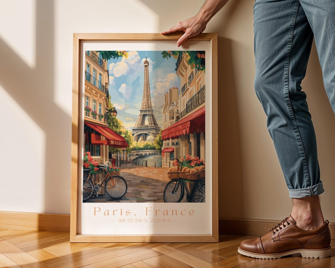 Paris France Eiffel Tower Street Bicycles Vintage Travel Poster