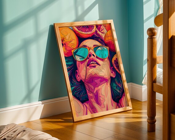 Bold Pop Art Woman Portrait With Sunglasses Retro Comic Style Pink Yellow Wall Print Vibrant Graphic Artwork For Modern Interiors