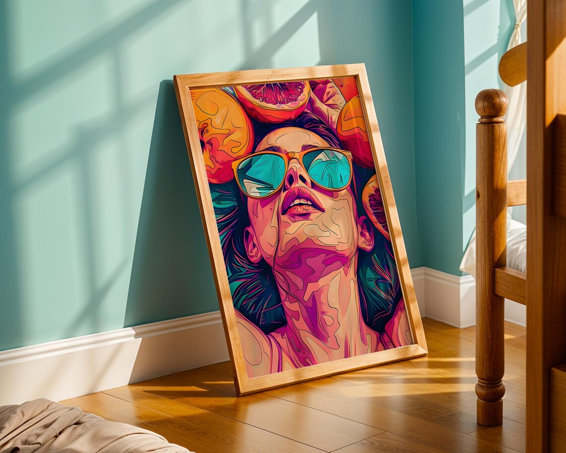 Pop Art Woman Sunglasses Citrus Fruit Neon Summer Portrait Poster