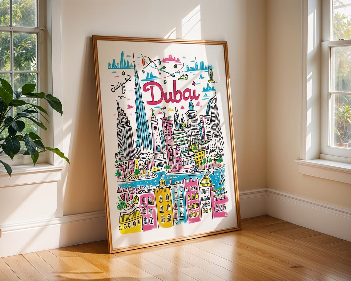 Dubai UAE Handdrawn Colourful Skyline Cityscape Travel Poster