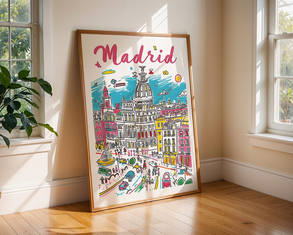 Madrid Spain Poster Colourful Cityscape Art Print Travel Decor Handdrawn Wall Spanish Illustration Home Gift