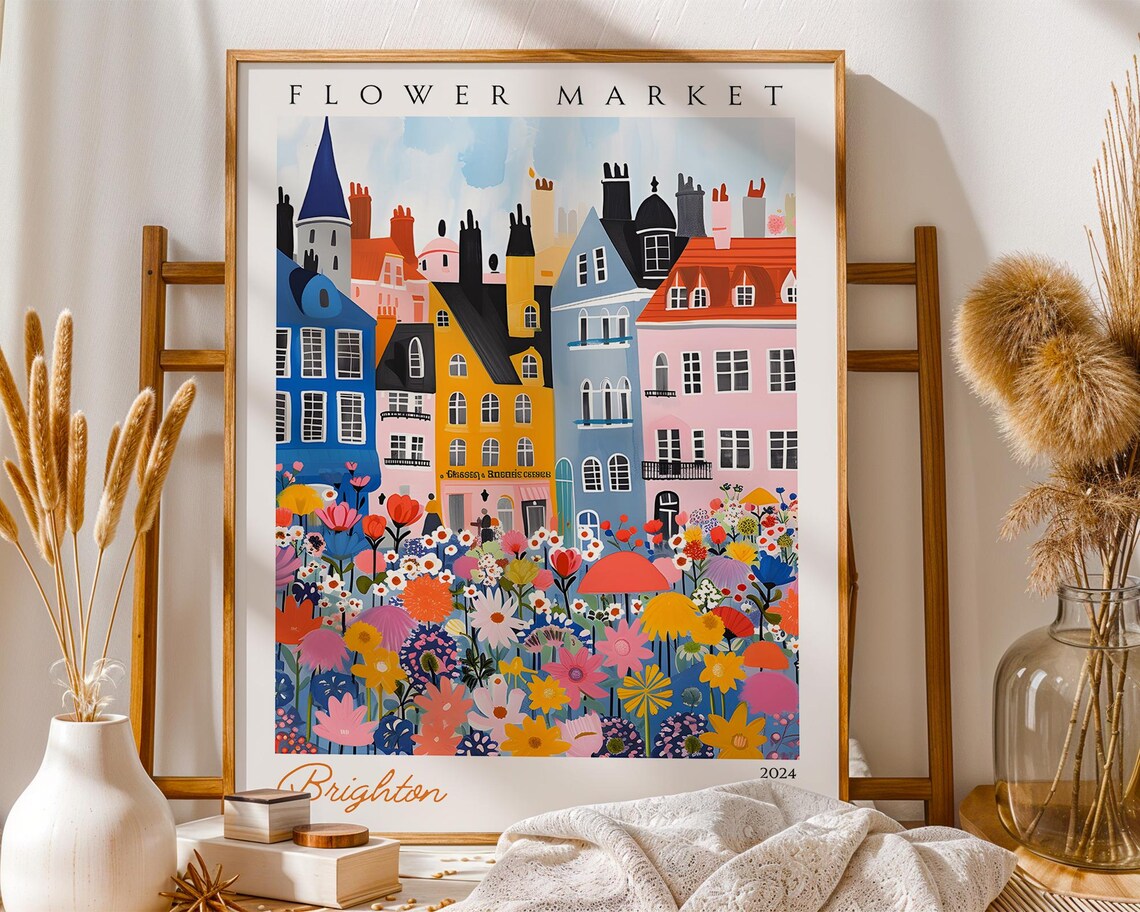 Flower Market Brighton 2024 Colorful Houses Floral Art Poster