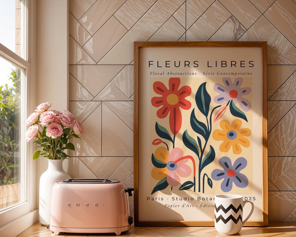 Fleurs Libres Paris Red Lilac Yellow Floral Abstraction Art Poster