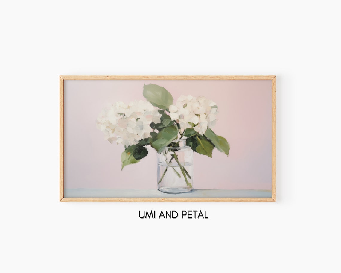 White Hydrangeas Glass Vase Blush Background Floral Art Poster