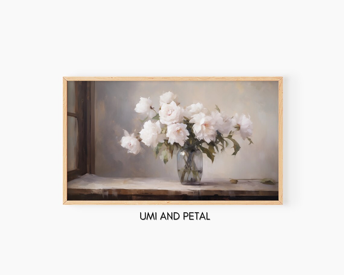 White Peonies Glass Vase Rustic Windowsill Floral Art Poster