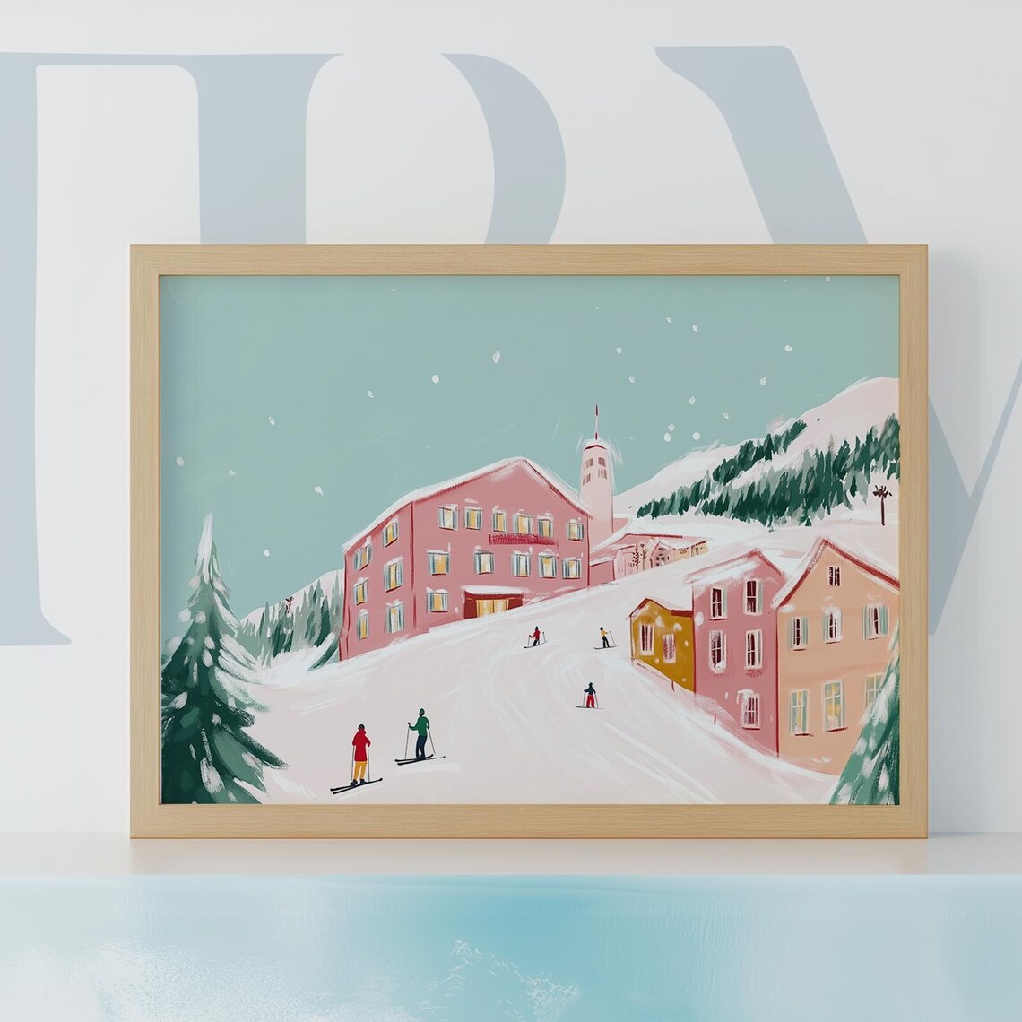 Ski Village with Colorful Chalets and Skiers Holiday Art Poster - Image 4