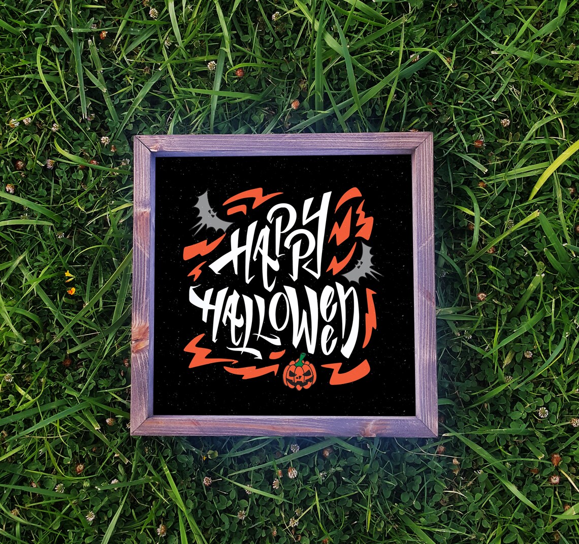 Happy Halloween Graffiti Bats Pumpkin Black Farmhouse Wood Sign Wall Art - Image 3