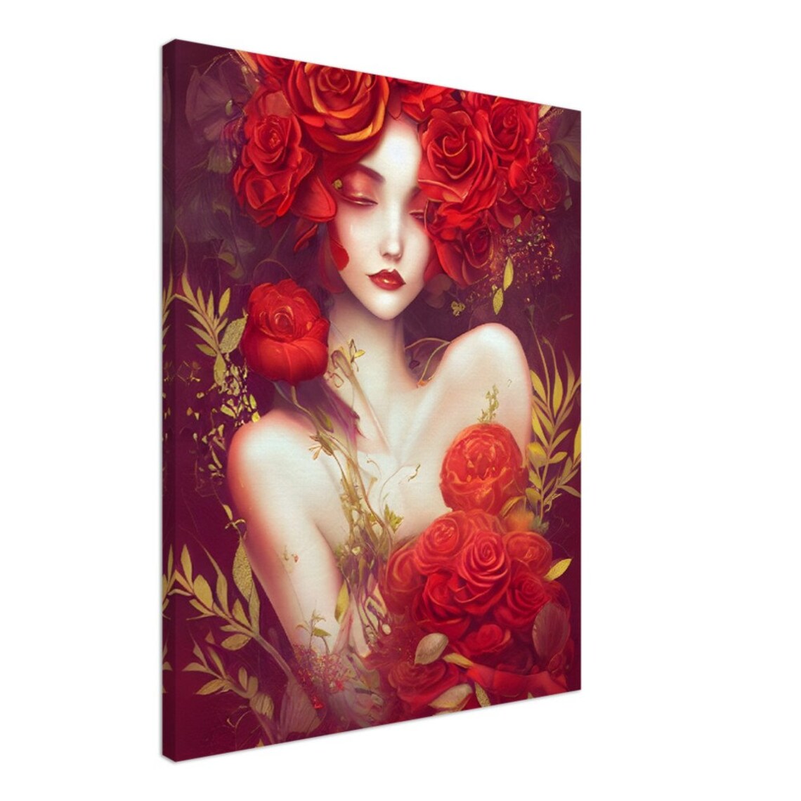 Crimson Rose Goddess Portrait Autumn Floral Fantasy Art Poster - Image 2