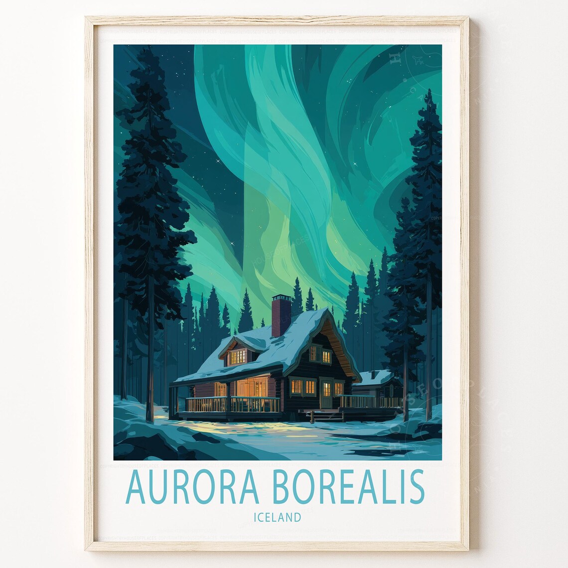 Aurora Borealis Iceland Northern Lights Cabin Snow Travel Poster
