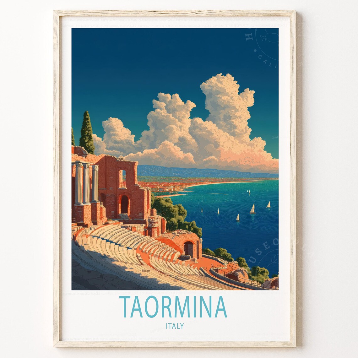 Taormina Italy Ancient Amphitheater Seaside Vintage Travel Poster