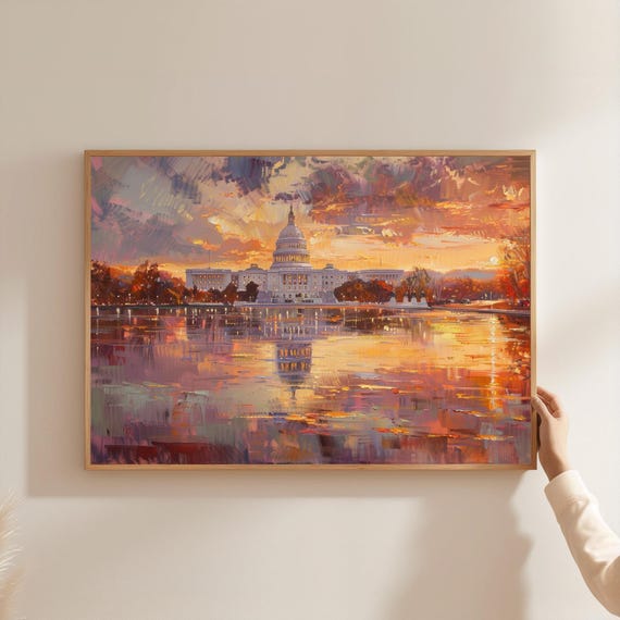 Washington Dc Capitol Building Sunset Canvas Art Print Oil Painting Style