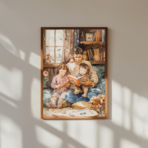 Father Reading Bedtime Story Watercolor Art Print with Kids and Dog
