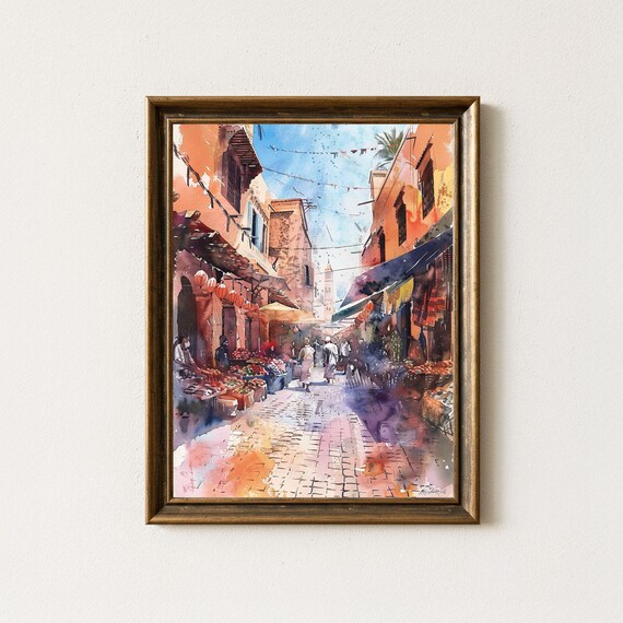 Marrakech Medina Watercolor Art Print, Moroccan Market