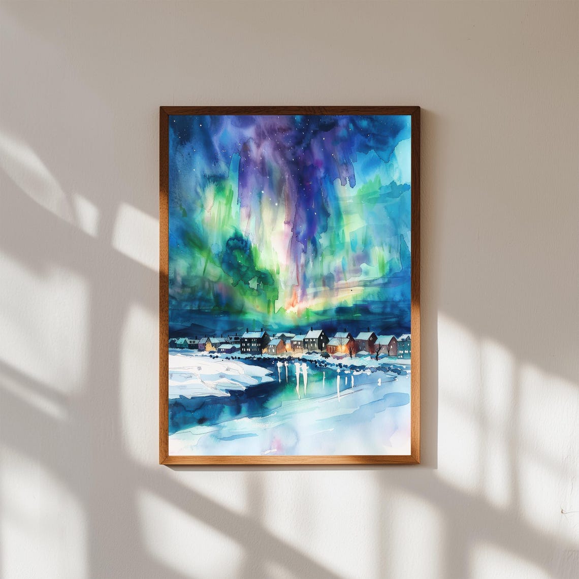Northern Lights Aurora Borealis Watercolor Night Sky Art Poster