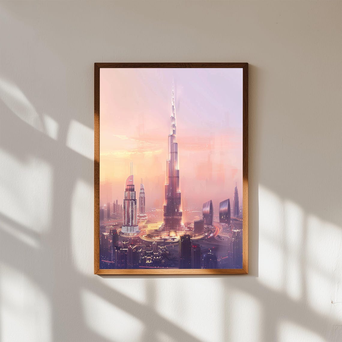 Burj Khalifa Dubai Pastel Watercolor Sunset Pink Skyline Wall Art