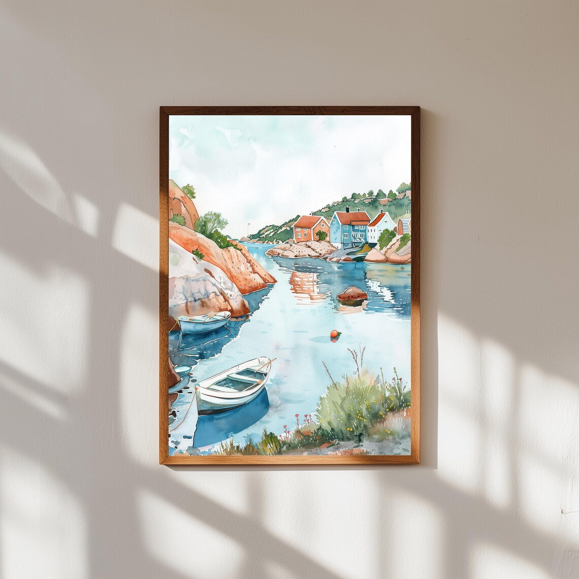 Scandinavian Fishing Village Watercolor Poster Rocky Cove Boats Art